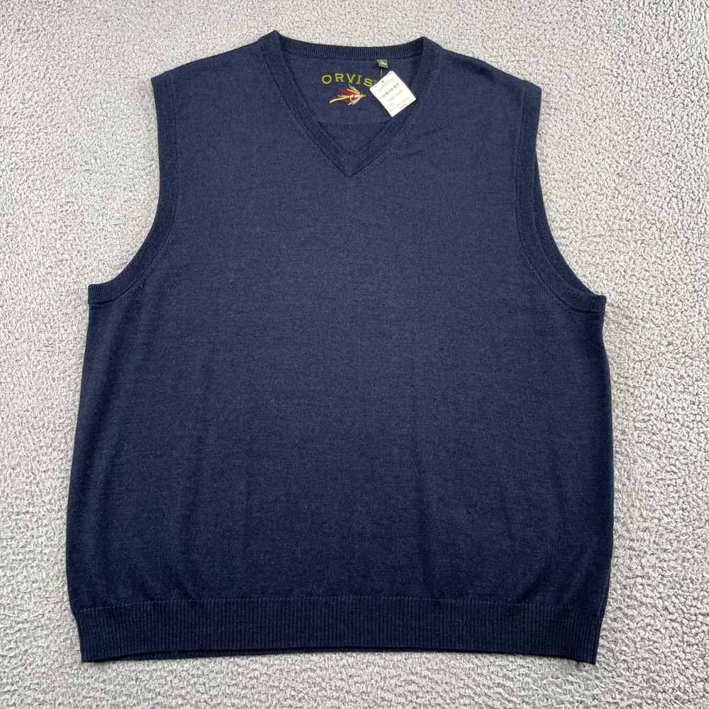 Orvis Sweater Vest Mens XL Navy Merino V-Neck Vest Pullover Wool Solid Classic